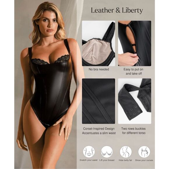 POPILUSH Shapewear Faux Leather Lace Balconette Sculpting Bodysuit 📦 - Picture 3 of 14